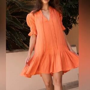 Oliphant Dress Women's Size S Bahama Orange Smocked Drop Waist Mini Sundress